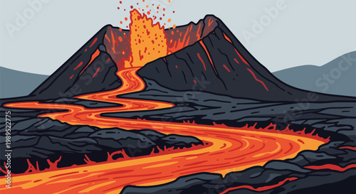 A stylized illustration of an erupting volcano with molten lava flowing downhill
