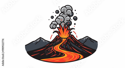Cartoon volcano erupting with lava flow, smoke, and ash clouds