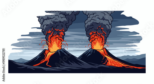 Two volcanoes erupting, spewing fiery lava and dark smoke into a cloudy sky