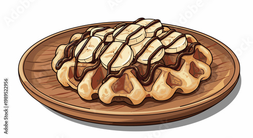 A close-up illustration of a sweet waffle topped with sliced bananas and chocolate syrup