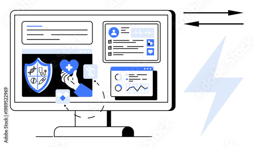 Digital healthcare, patient records, telemedicine, data analysis, medical technology, online services. A screen with icons for care, stats and identity. Digital healthcare and patient records