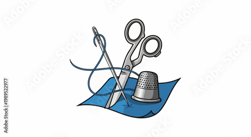 Sewing scissors, needle, thread, thimble, and fabric illustration