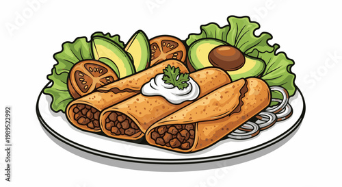 Taquitos platter with avocado, tomato, onion, and sour cream