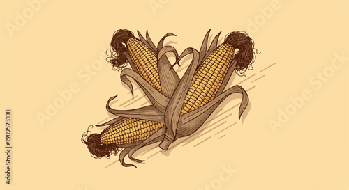 Three ears of corn with brown husks and tassels on a tan background