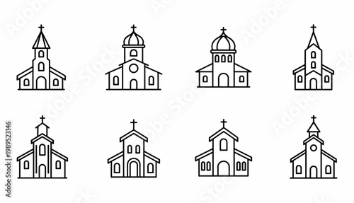 Set of various church building line icons.