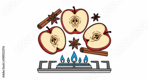 Apples, cinnamon, star anise and gas stove with blue flames