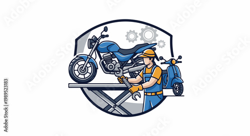 Mechanic servicing a motorcycle and scooter with tools and gears