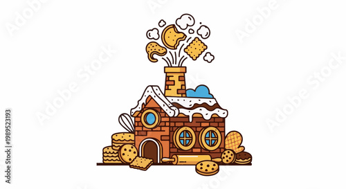 Whimsical brick house emits baked goods from its chimney, surrounded by treats