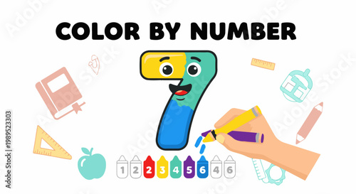 Whimsical number 7 character with school supplies and coloring tools