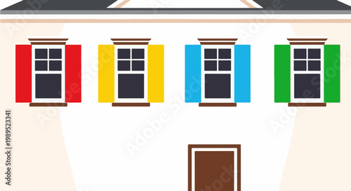 A colorful facade with four distinct windows and a doorway