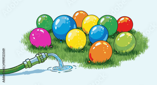 Brightly colored balloons are being filled with water from a hose on grass