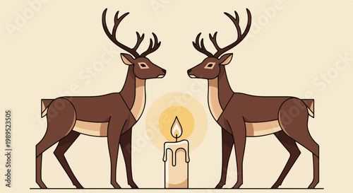Two brown deer face each other across a lit candle on a plain background