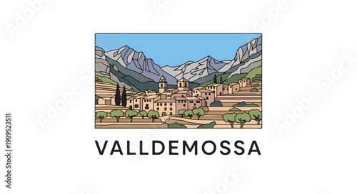 Stylized village nestled in terraced hills below dramatic mountains