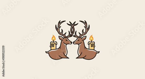 Two deer with antlers touching, flanking lit candles on beige background