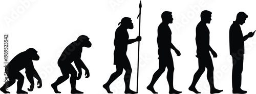 Human evolution line: from ape to modern man with smartphone, black and white