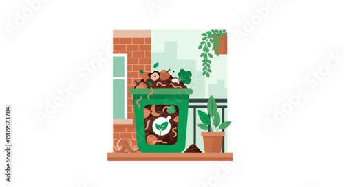 Composting bin with food scraps, worms, and plants on a balcony