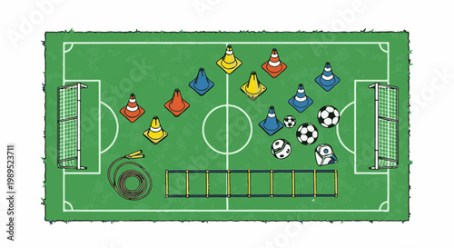 Soccer training equipment arranged on a green field with goal posts