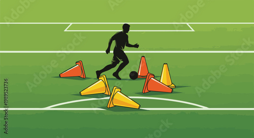 Silhouette of a person dribbling a ball around cones on a grassy field