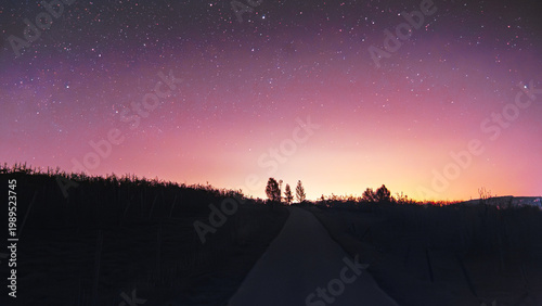 Starry night sky over rural road with colorful twilight horizon | Rozgwieżdżone niebo nad wiejską drogą z kolorowym horyzontem o zmierzchu