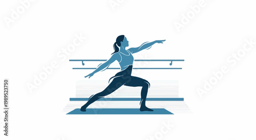 Woman in warrior pose with ballet barre and floor markings