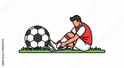 A soccer player sits with a ball, looking down at their injured leg