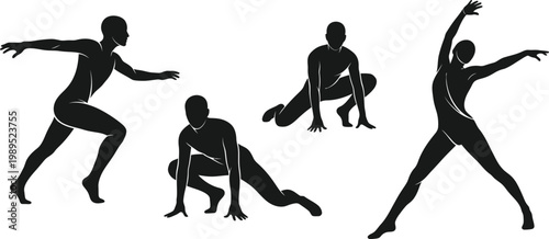 Silhouettes of dancers performing dynamic poses with figure skating, silhouette