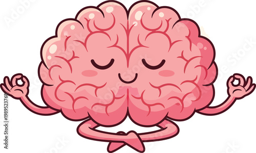 Cartoon brain meditating in lotus position with meditation consciousness learning