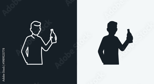 Man holding a bottle silhouette in contrast backgrounds with line art, graphic