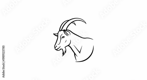Minimalist black line art of a goat head with curved horns
