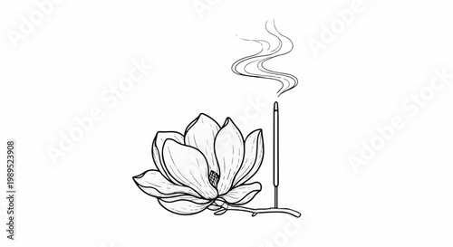 A delicate black and white illustration of a blooming magnolia flower next to incense