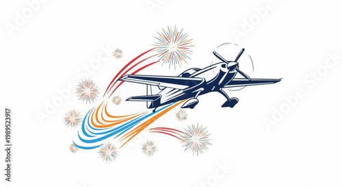 A blue airplane performs aerobatics with colorful fireworks and trails