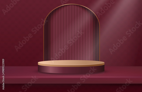 Luxury Red Podium Stage Background with Arch Design for Product Display