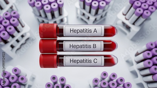 Medical blood test tubes containing samples labeled for Hepatitis A B and C