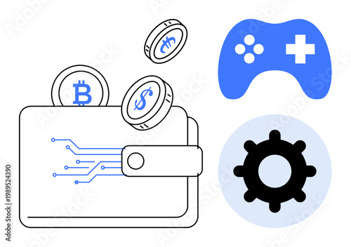 Cryptocurrency concept. Digital wallet with Bitcoin and dollar tokens alongside gaming and gear symbols. Cryptocurrency for online gaming, fintech, blockchain, investment, and innovation