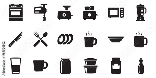 Kitchen appliance and dishware icon set. cooking utensils and food preparation tools