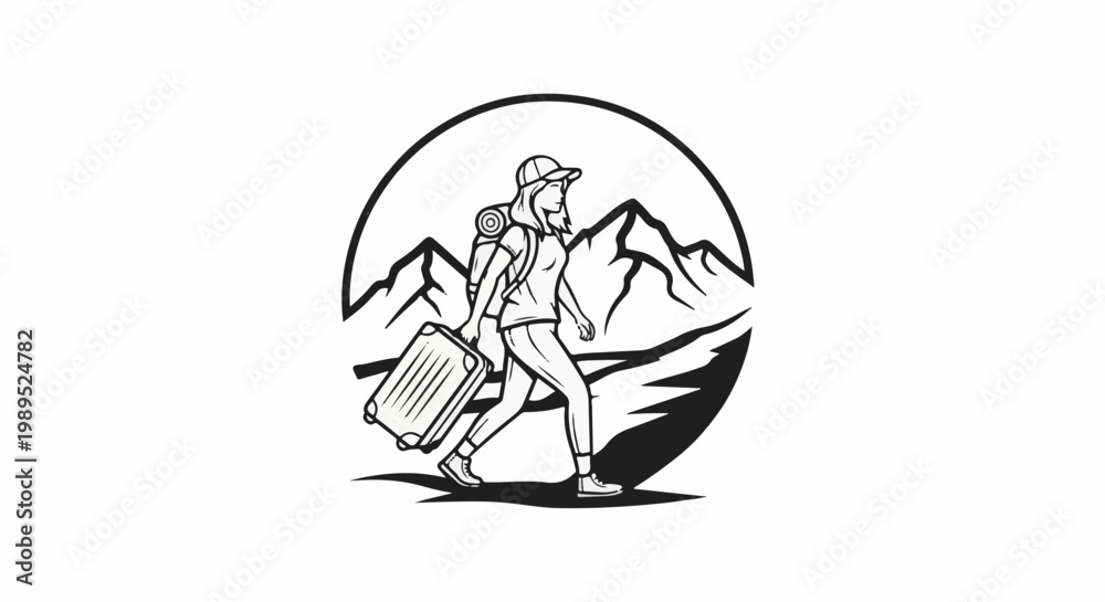 Obraz premium Woman with backpack and suitcase walks towards mountains