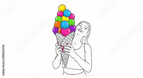 Woman joyfully embracing a massive ice cream cone with multiple scoops
