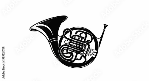 Stylized black silhouette of a french horn on a white background