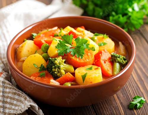 Fresh Vegetable Stew With Potatoes Carrots And Broccoli In A Ceramic Bowl On A Rustic Wooden Table Under Bright Natural Light