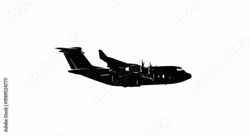 Silhouette of a turboprop cargo aircraft in flight against a white background