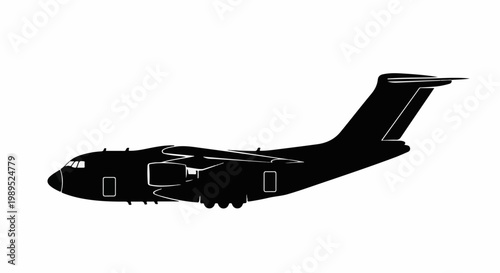 Black silhouette of a large cargo transport airplane with four engines