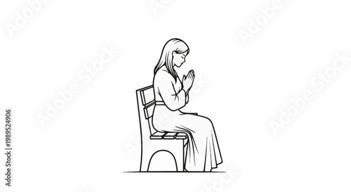 Line drawing of a woman in a flowing robe sitting on a bench, praying