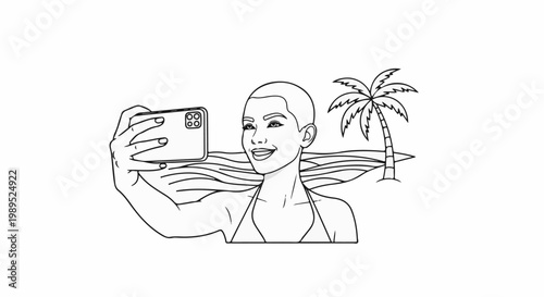 Bald woman taking a selfie at the beach with a palm tree and ocean waves