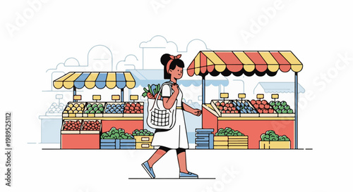 Woman walks with groceries past colourful stalls at a busy outdoor market