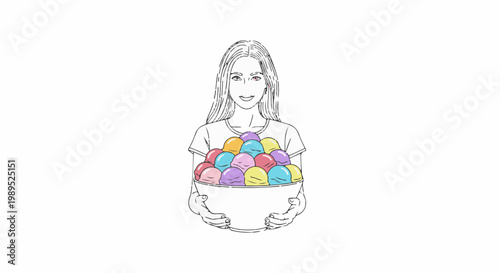 A person holds a large bowl overflowing with colorful ice cream scoops