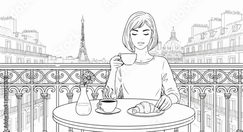 Woman enjoys coffee and croissant on Parisian balcony overlooking cityscape