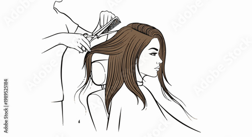 Stylized illustration of a woman getting her hair cut by a hairdresser