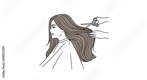 Stylist trims long brown hair of a smiling woman with scissors