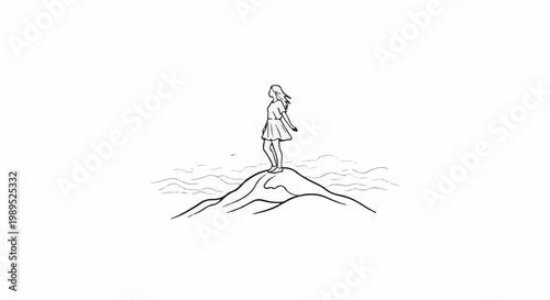 A person stands on a peak, gazing out at wavy lines representing water