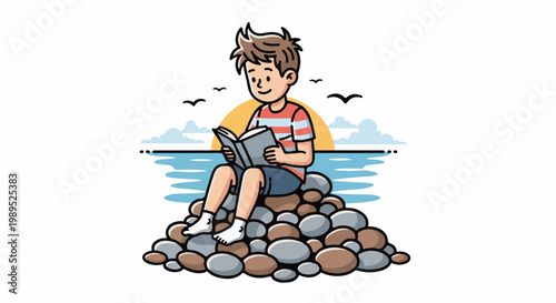 Boy reads a book on rocks by the sea at sunset with birds